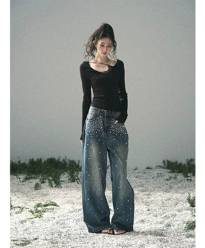 Washed Pearl Wide-Leg Jeans