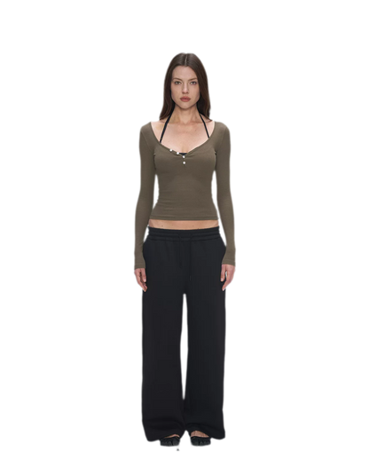 Ribbed V-Neck Button Top