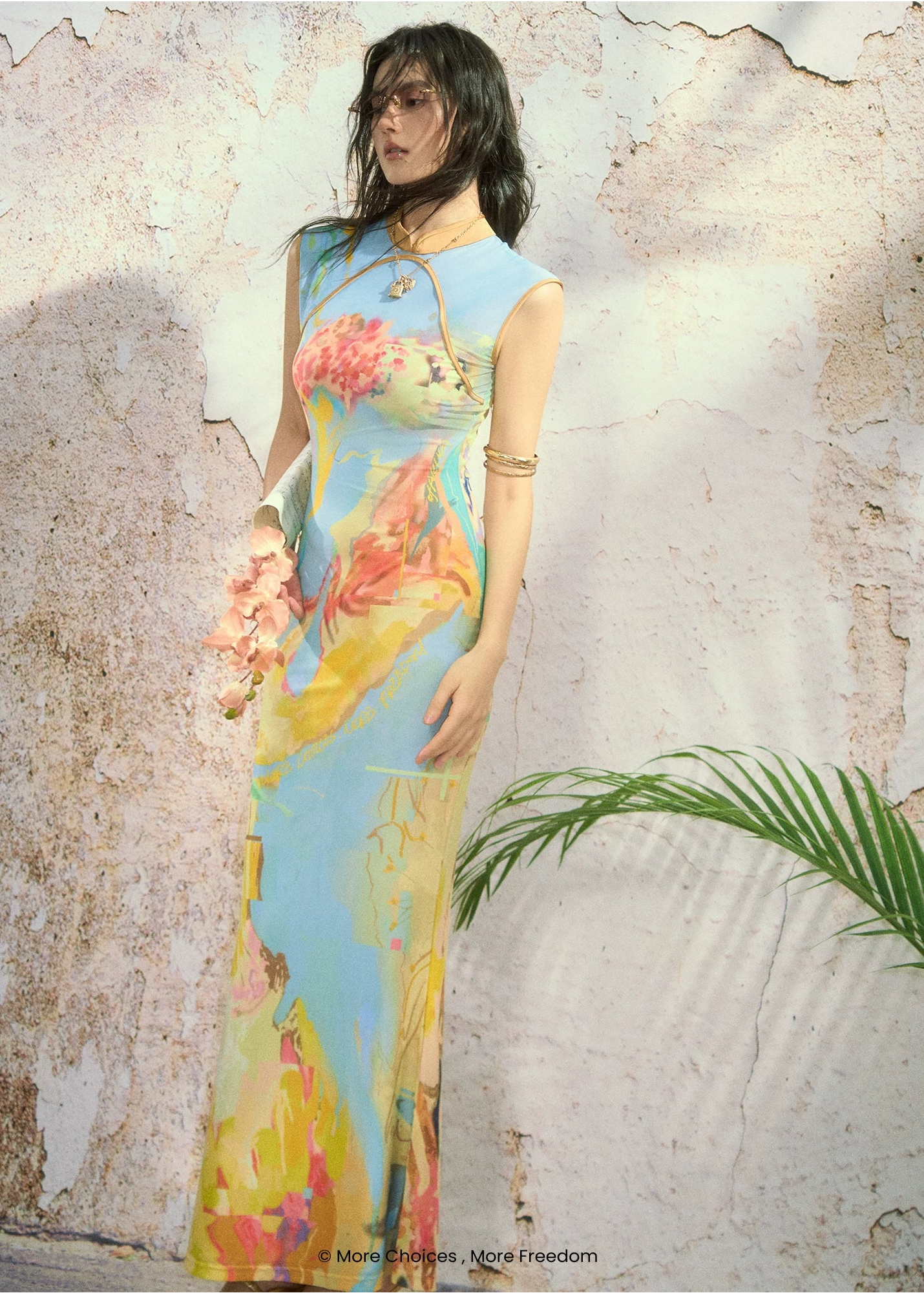 Roman Poem Printed Sleeveless Qipao Dress