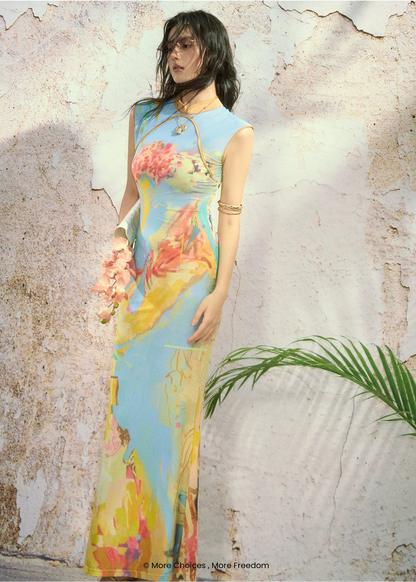 Roman Poem Printed Sleeveless Qipao Dress