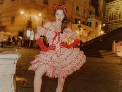 Flocked Bow Ruffle Dress
