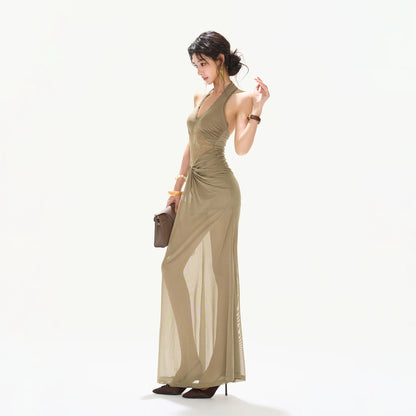 Deep V Neck Halter Lace Mesh Long Dress