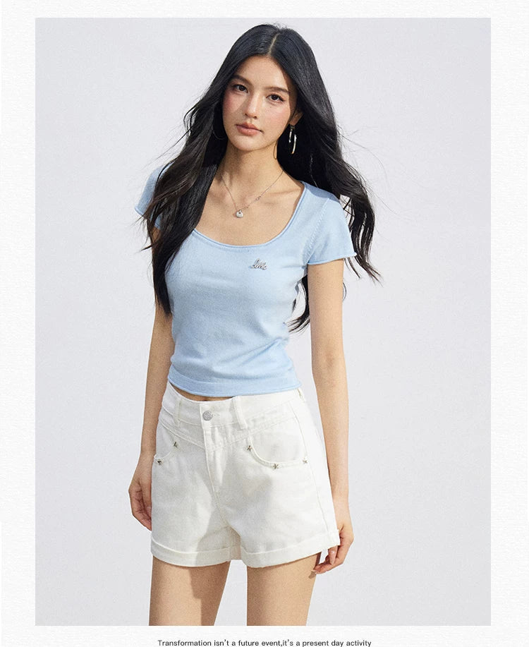 Candy Color U-Neck Short Sleeve T-Shirt