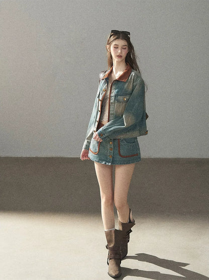 Washed Denim Jacket Skirt Set