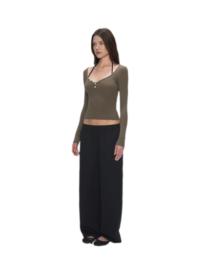 Ribbed V-Neck Button Top