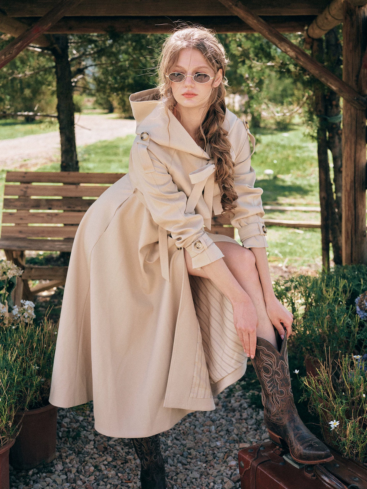 Waist-Defined Hooded Trench Coat