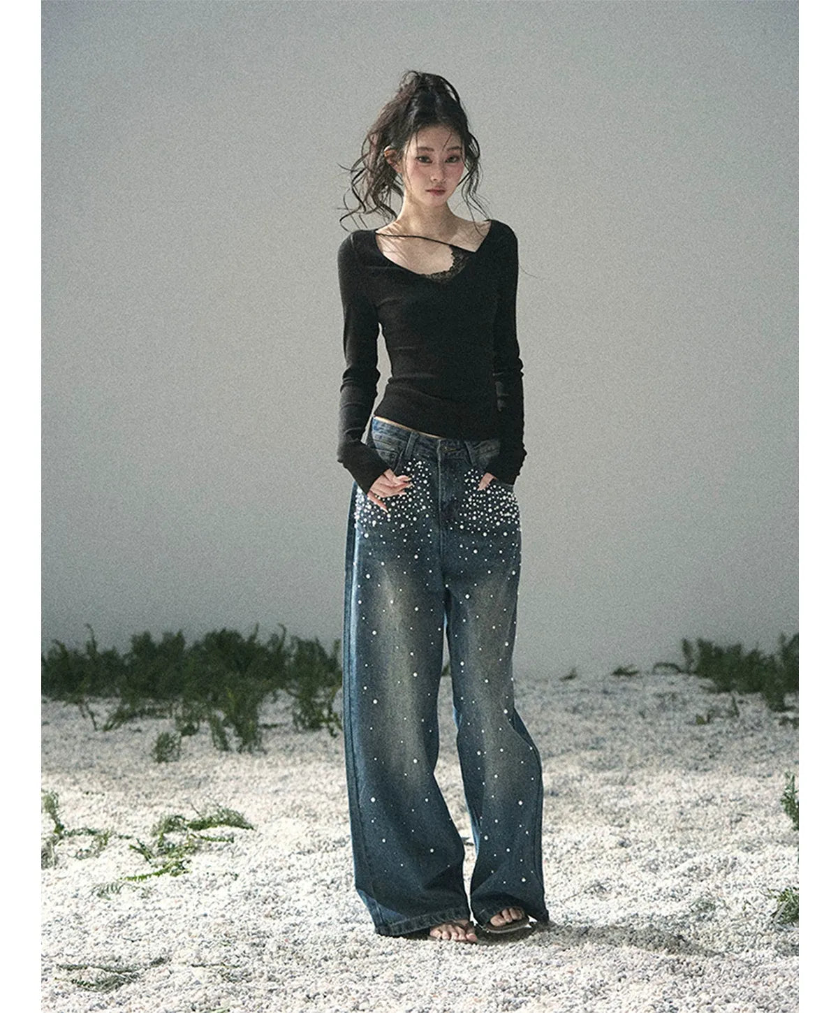 Washed Pearl Wide-Leg Jeans