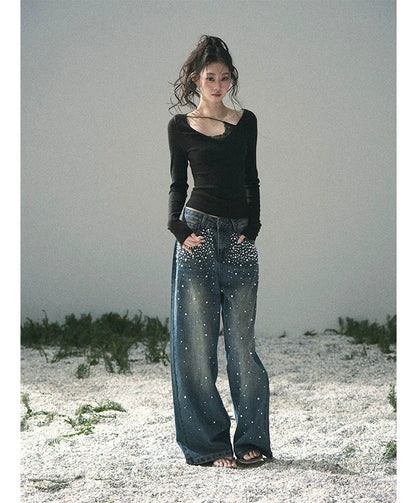 Washed Pearl Wide-Leg Jeans