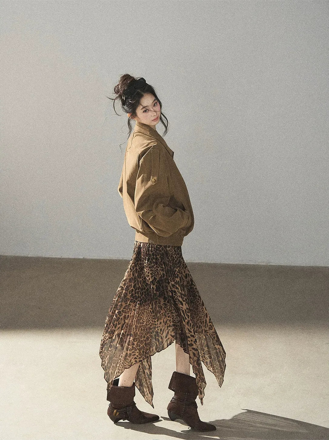 Matte Suede Leopard Bomber Jacket