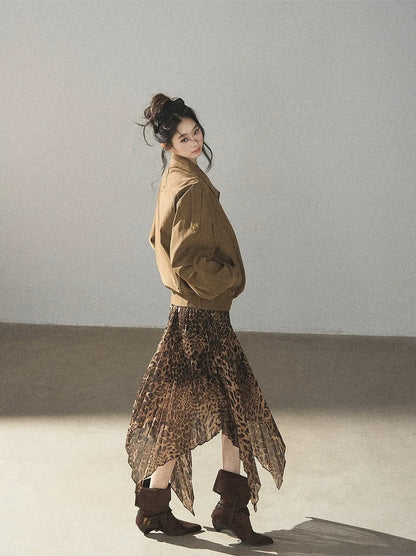 Matte Suede Leopard Bomber Jacket