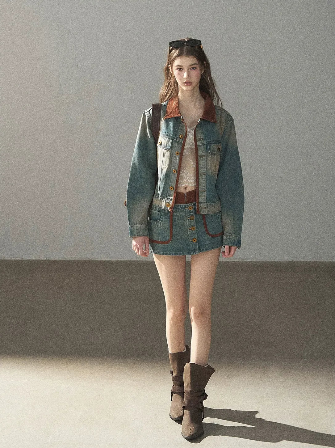 Washed Denim Jacket Skirt Set