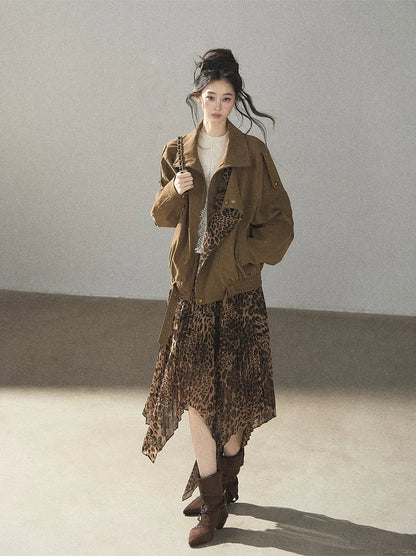 Matte Suede Leopard Bomber Jacket