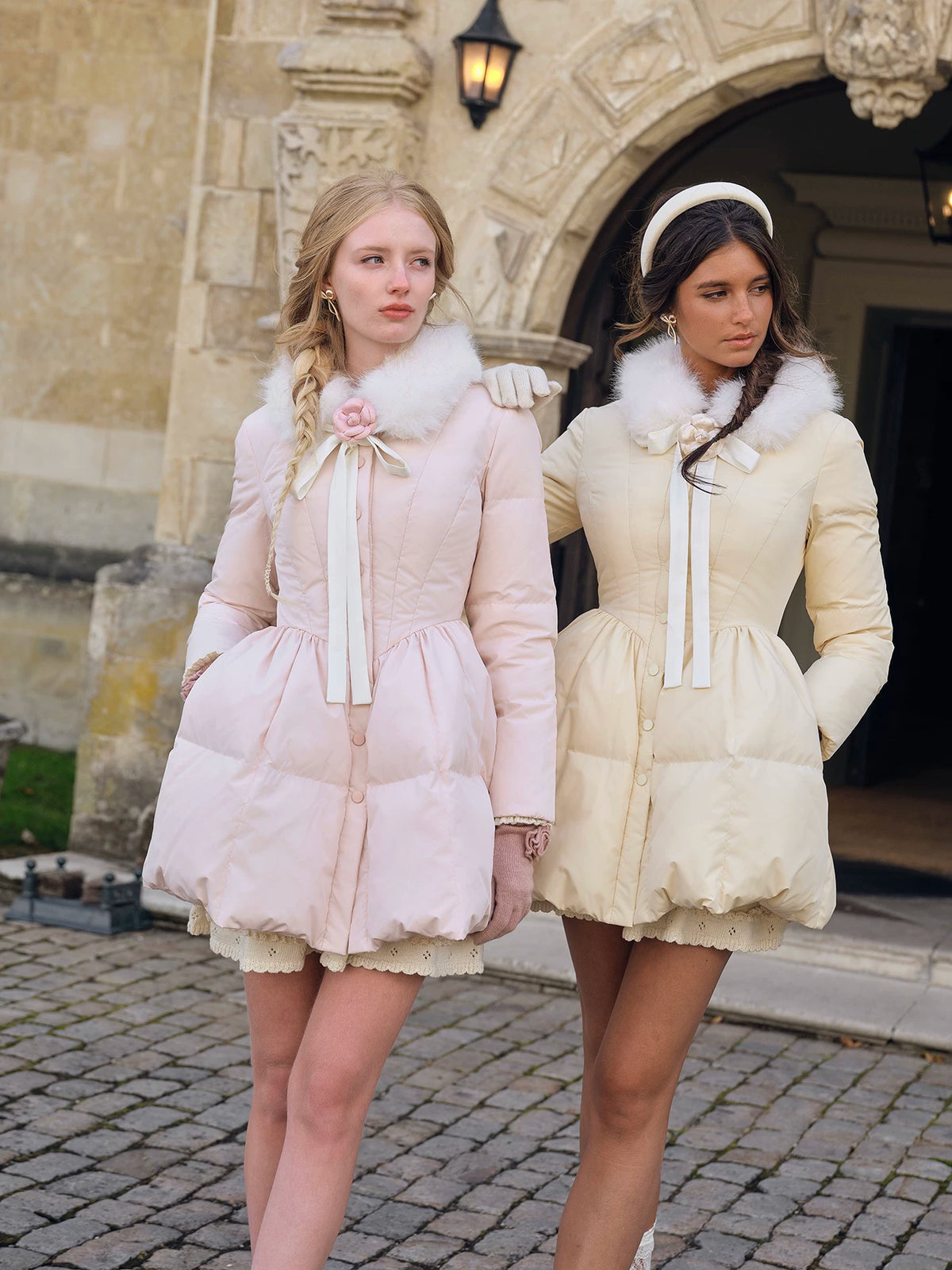 Satin Bow Fitted Down Coat — Load image 12 in gallery view