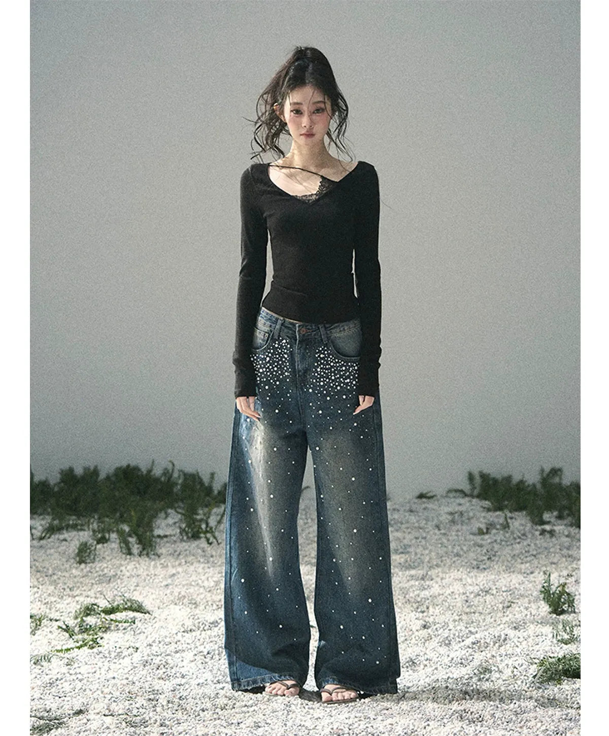 Washed Pearl Wide-Leg Jeans