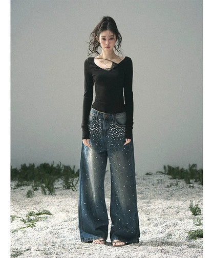 Washed Pearl Wide-Leg Jeans