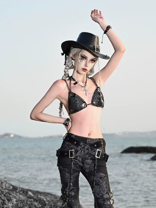 Washed Denim Chain Bikini Top