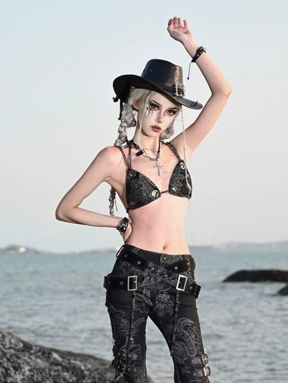 Washed Denim Chain Bikini Top
