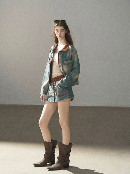 Washed Denim Jacket Skirt Set