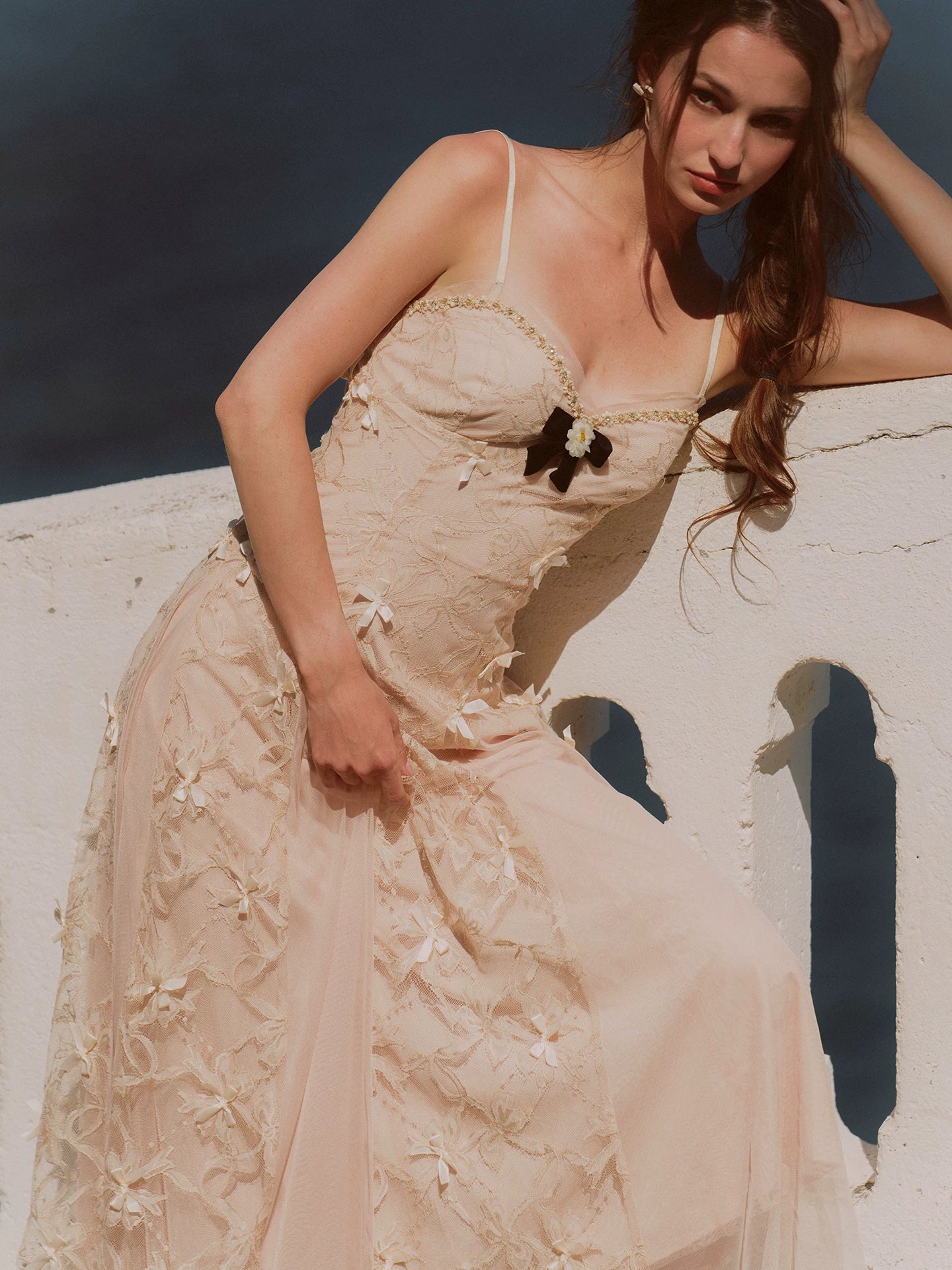 Embroidered Bow Mesh Dress