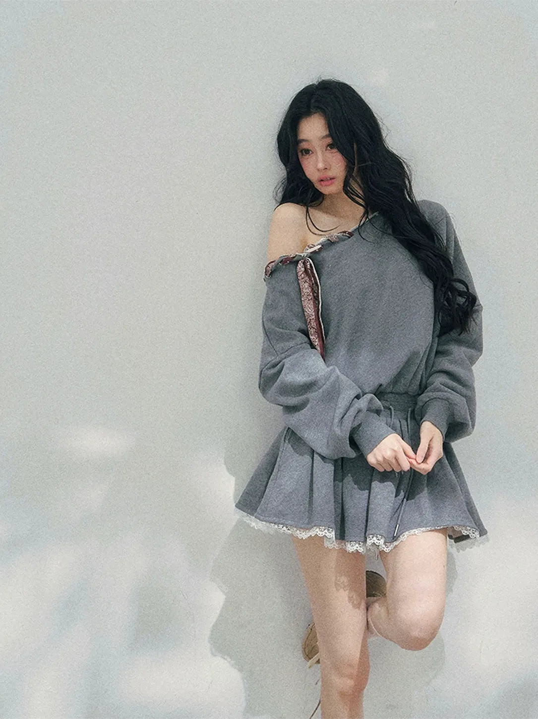Lace Off-Shoulder Sweatshirt Dress