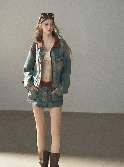 Washed Denim Jacket Skirt Set