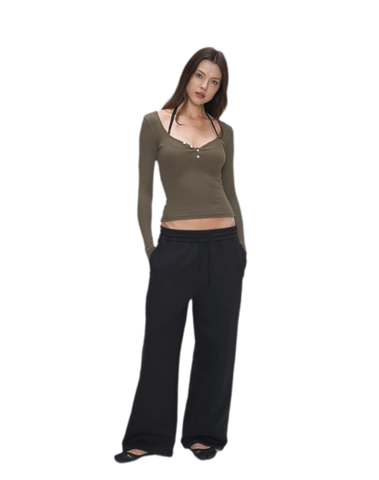 Ribbed V-Neck Button Top