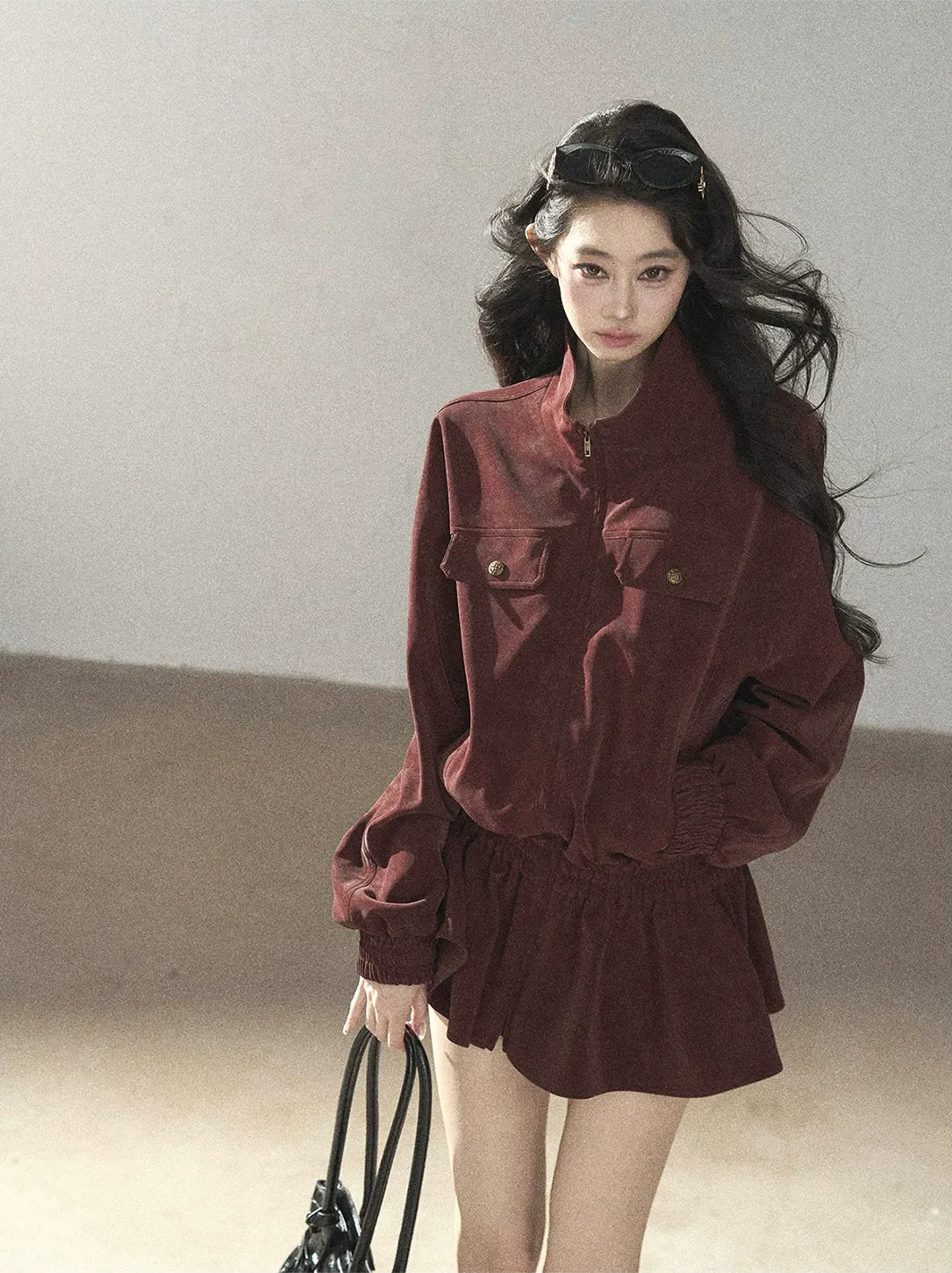 Faux Leather Stand Collar Jacket