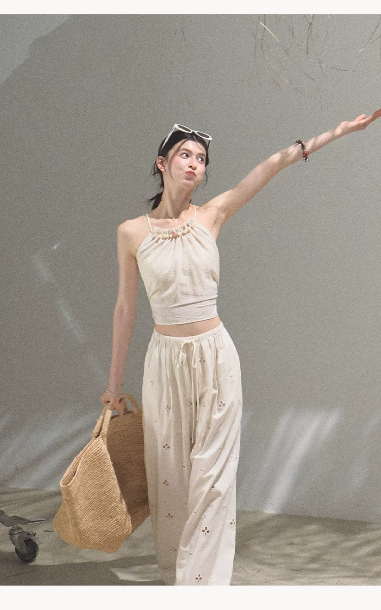 Cotton Eyelet Wide-Leg Pants
