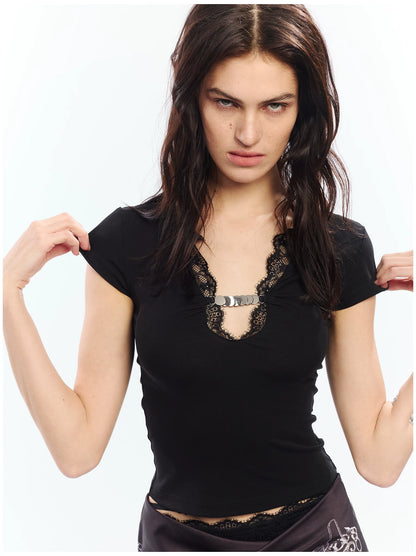 Lace Trim V-Neck Slim Fit T-Shirt