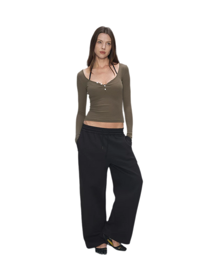 Ribbed V-Neck Button Top