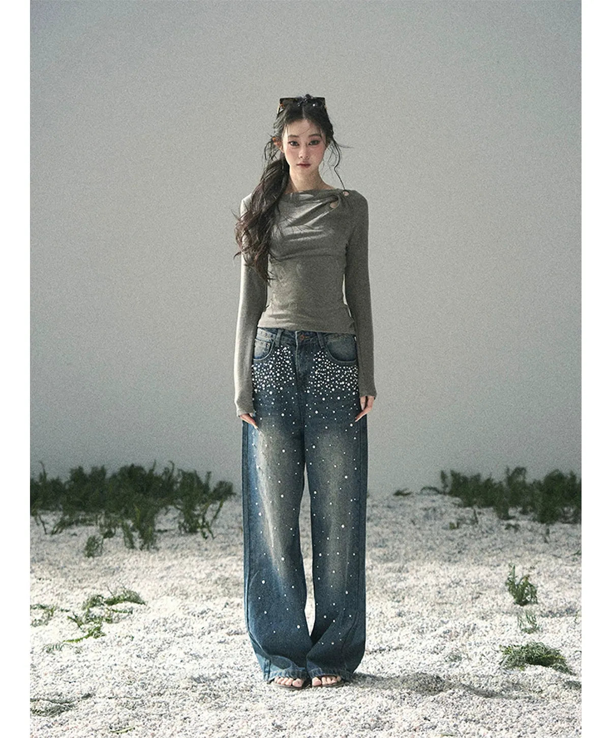 Washed Pearl Wide-Leg Jeans