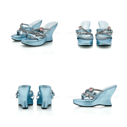 Rhinestone Strap Wedge Mules