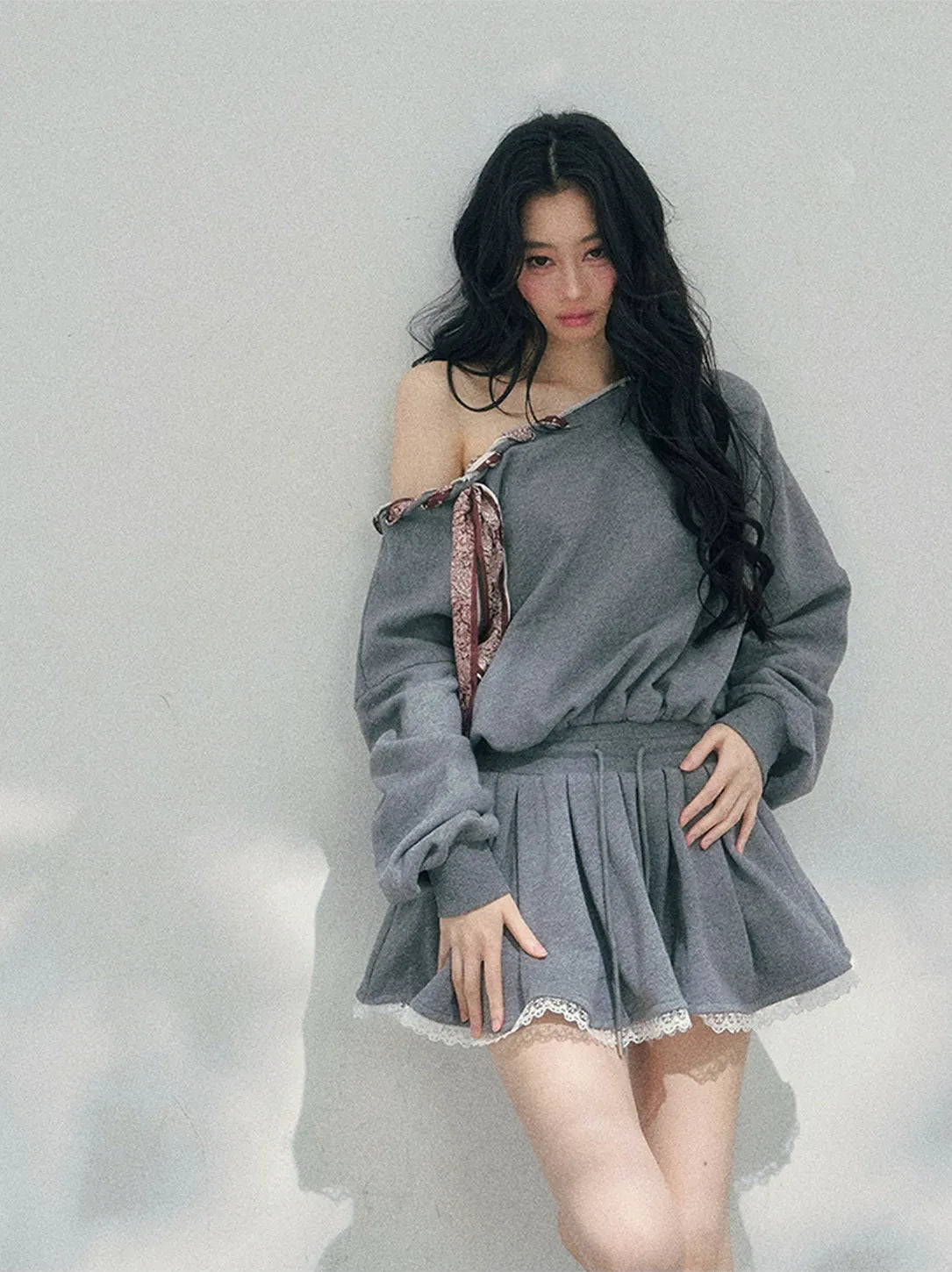 Lace Off-Shoulder Sweatshirt Dress