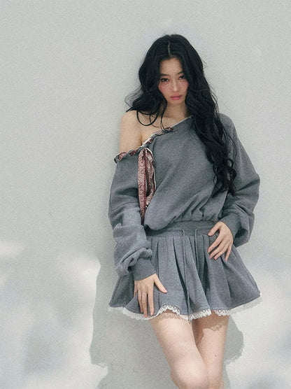 Lace Off-Shoulder Sweatshirt Dress