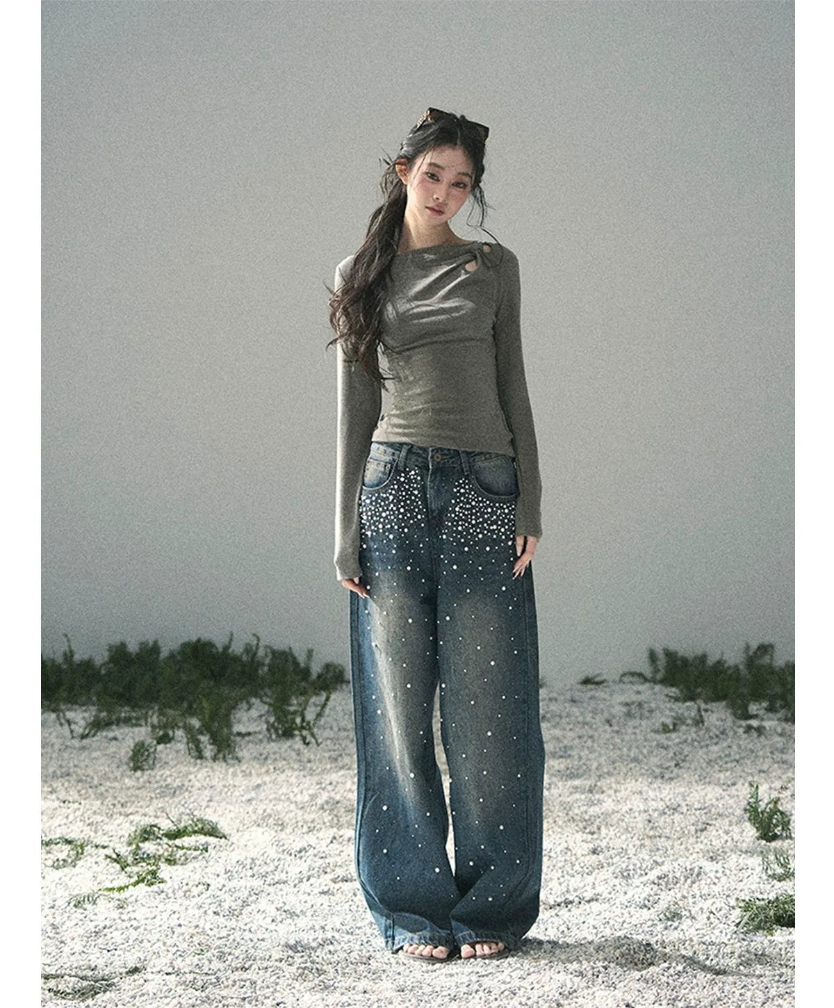 Washed Pearl Wide-Leg Jeans