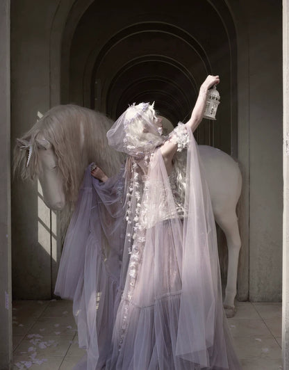 Handcrafted Floral Tulle Hooded Cape