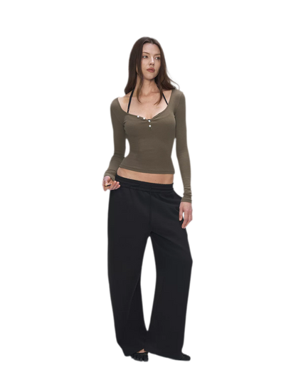 Ribbed V-Neck Button Top