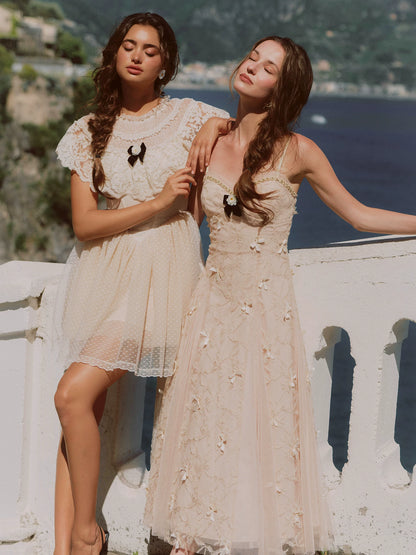 Embroidered Bow Mesh Dress