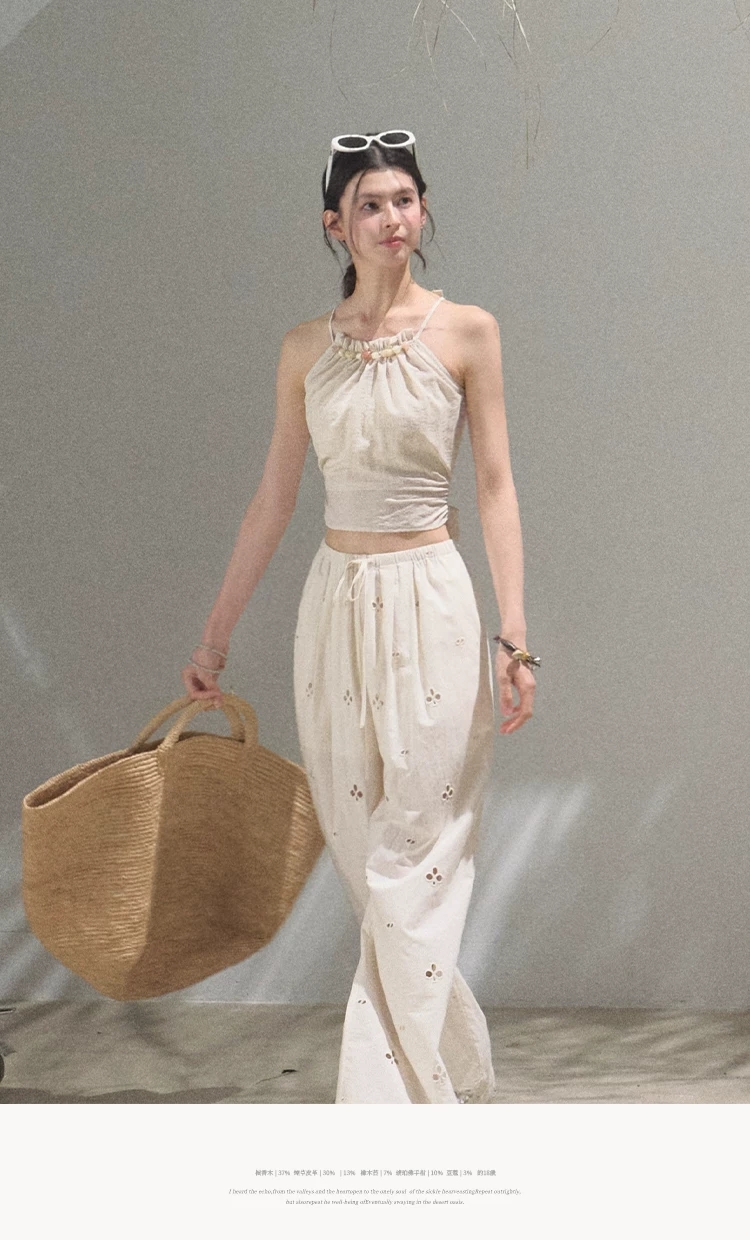 Cotton Eyelet Wide-Leg Pants