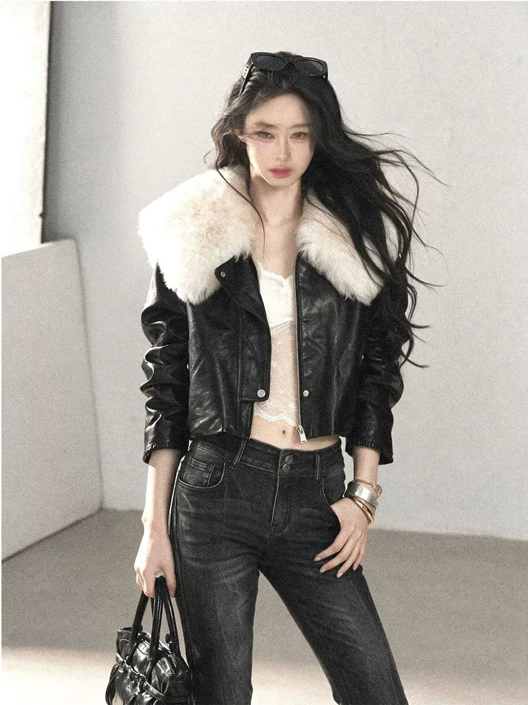 Sheepskin Cropped Goose-Down Jacket