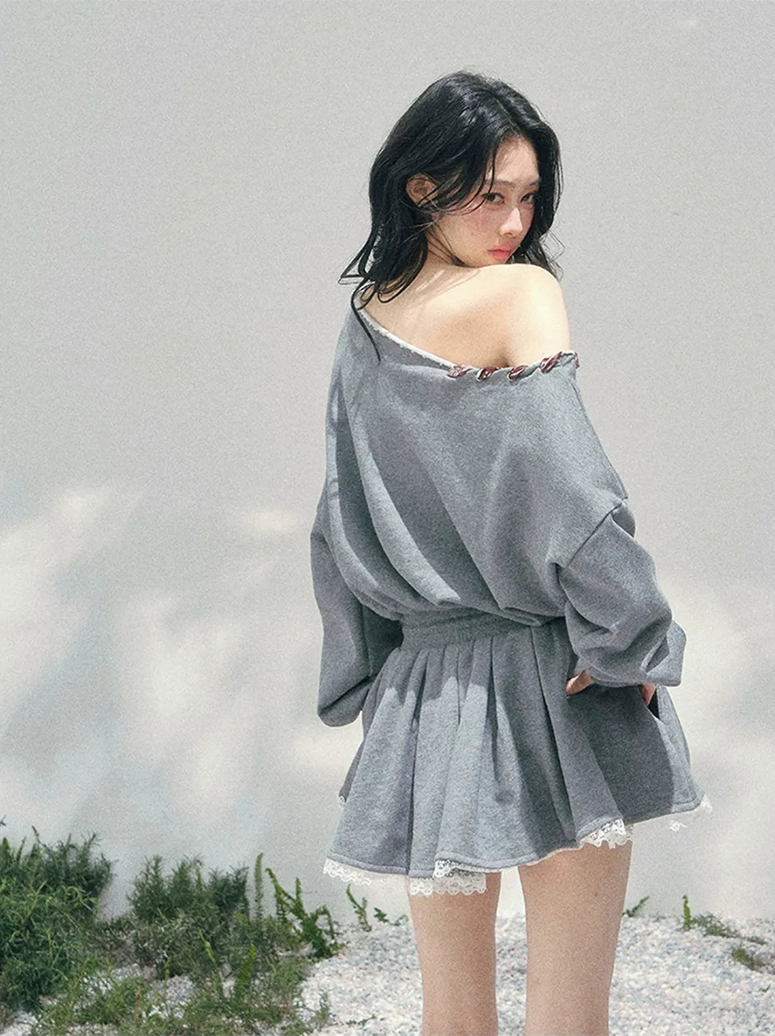 Lace Off-Shoulder Sweatshirt Dress