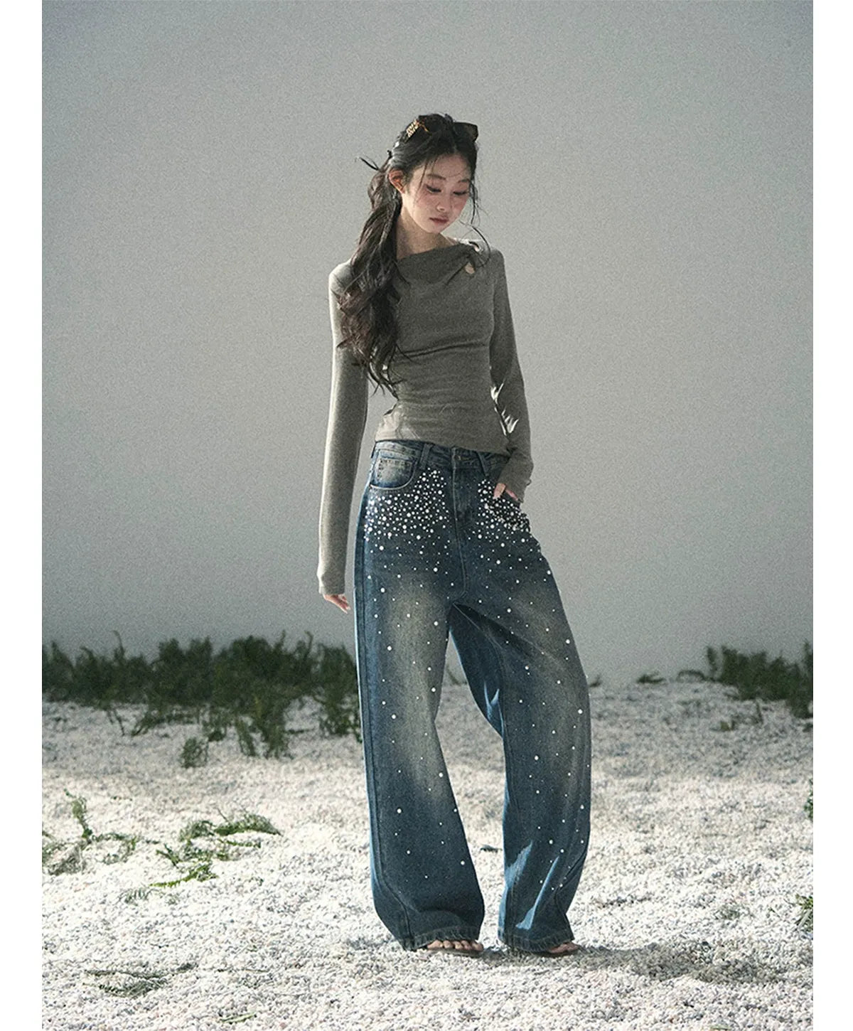 Washed Pearl Wide-Leg Jeans