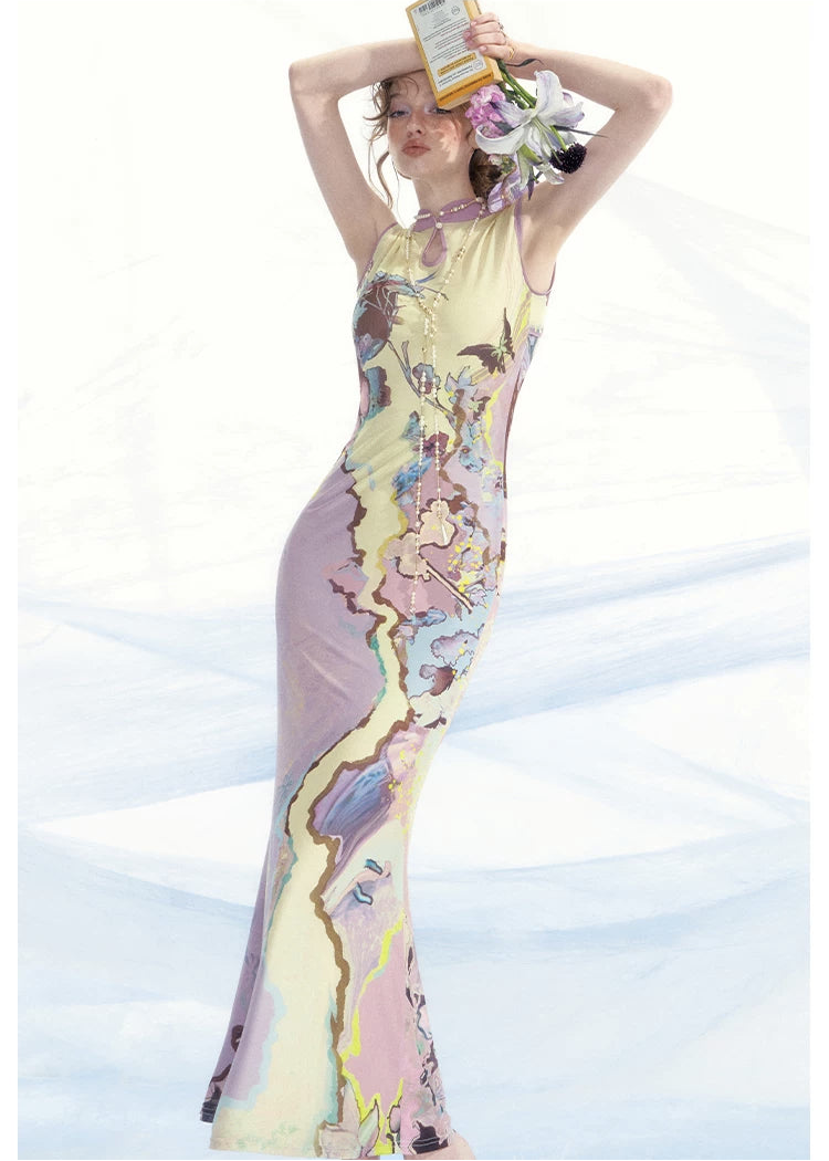 Roman Poem Printed Sleeveless Qipao Dress