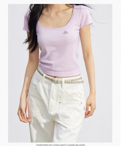 Candy Color U-Neck Short Sleeve T-Shirt