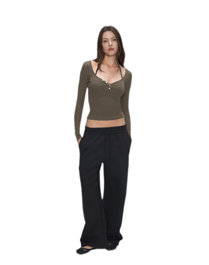 Ribbed V-Neck Button Top