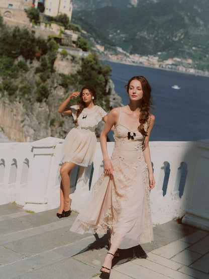 Embroidered Bow Mesh Dress