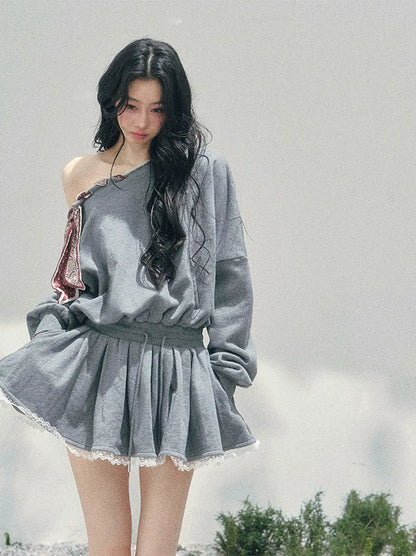 Lace Off-Shoulder Sweatshirt Dress