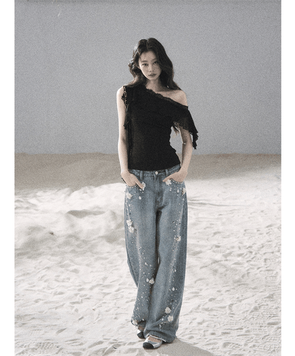 Lace One-Shoulder Crop Tee