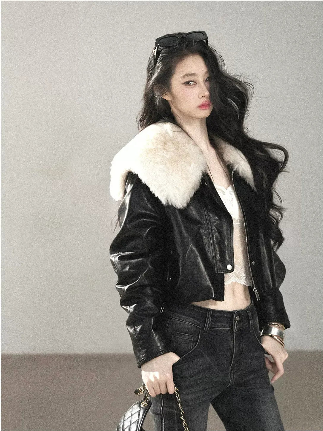 Sheepskin Cropped Goose-Down Jacket
