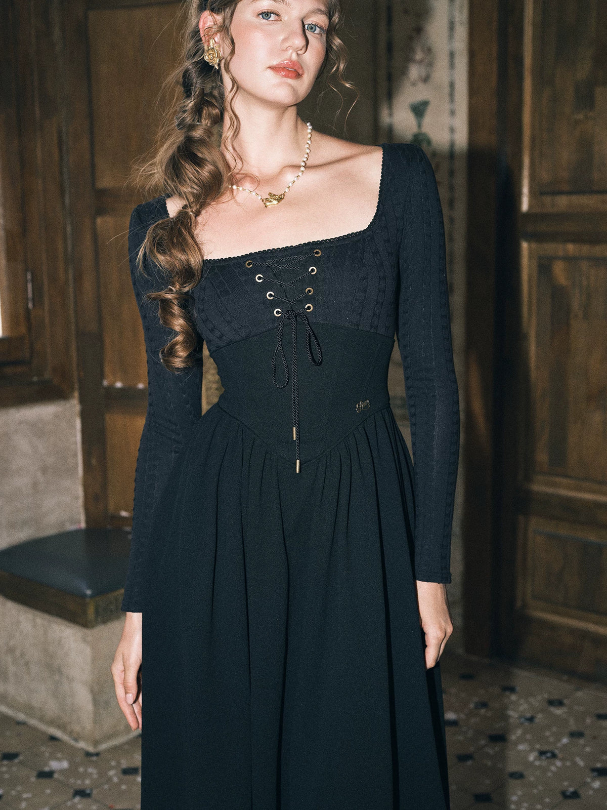 Stretch Lace-Up A-Line Dress